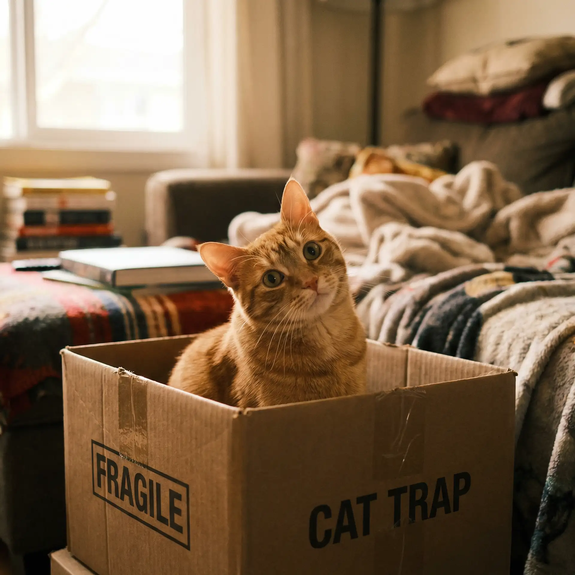 橘猫躲在纸箱里 - 蜘蛛磁力